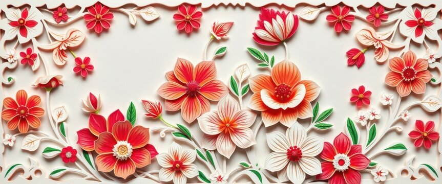 Intricate papercut design featuring vibrant Polish folk flowers, showcasing traditional motifs,  texture, handmade