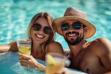Happy couple relaxing by the pool with refreshing drinks
