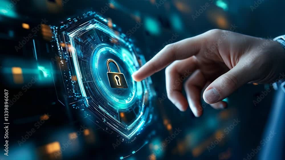 Poster cybersecurity shield activation. advanced digital protection system with interactive holographic int