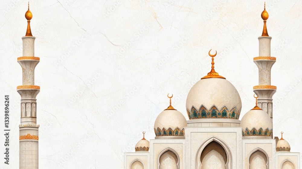 Poster elegant mosque architecture in soft earth tones with golden accents intricate geometric patterns in 