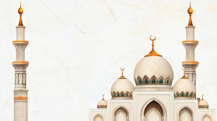 Obraz premium Elegant mosque architecture in soft earth tones with golden accents intricate geometric patterns in artistic digital illustration style showcasing stunning domes minarets against light background