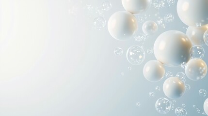 Fototapeta premium Floating white spheres in soft blue space create serene minimalist scene with delicate lighting and ethereal bubbles enhancing calming abstract background with gentle tonal contrast