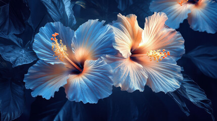 A hyper-detailed depiction of glowing hibiscus and cherry blossoms, their edges delicately highlighted with radiant gold and sapphire blue. The petals have an ethereal luminescence, appearing almost