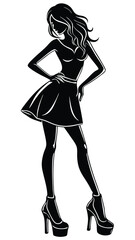 Dancing girl in dress. Black silhouette