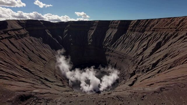 Majestic white smoke billowing from Mount Bromo's volcanic crater, revealing raw geological power against stark Indonesian landscape