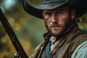 Obraz premium A rugged man with a beard and a wide-brimmed hat, holding a rifle. He has a serious expression and is dressed in period-appropriate clothing, set against a blurred natural background.