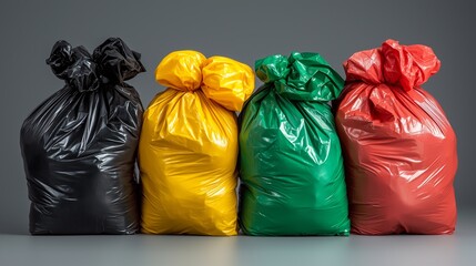Multiple trash bags of different colors, placed side by side