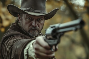 Fototapeta premium A rugged man in a cowboy hat points a revolver directly at the camera, set against a blurred autumn background. His intense gaze and period attire evoke a Western theme.