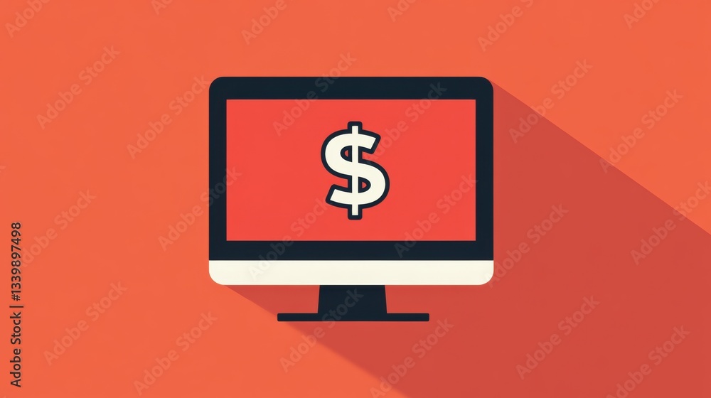 Poster computer monitor displaying dollar sign on a vibrant orange background representing finance and onli