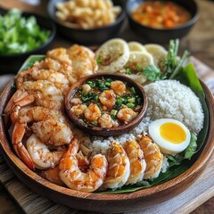 Delicious shrimp platter with rice and egg coastal restaurant food photography gourmet close-up culinary experience