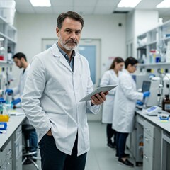 Obraz premium Scientist with hand in pocket and digital tablet standing with coworkers in background at laboratory