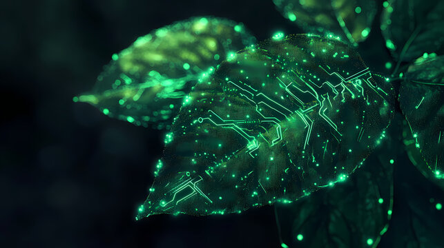 Bioluminescent plant hybrid, digital circuitry integrated with organic leaf structure, ethereal green glow against dark background. Organic Circuitry. Illustration