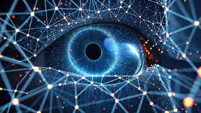 Futuristic Human Eye With Digital Neural Connections and Glowing Blue Cyber Network in a High-Tech Artificial Intelligence System

