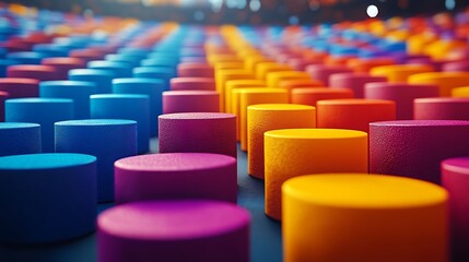 Obraz premium Colorful cylindrical objects are arranged in parallel rows with great detail