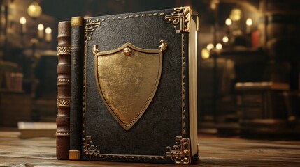 Antique Leather-Bound Book with Ornate Shield Design Against a Dimly Lit Library Background Evoking Mystery and Intrigue in a Fantasy Setting