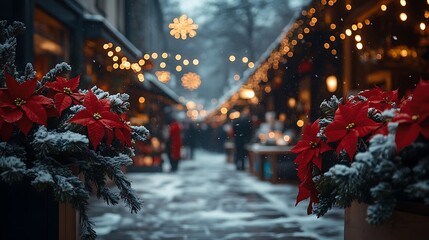 Festive winter scene showing a snow covered market with lights