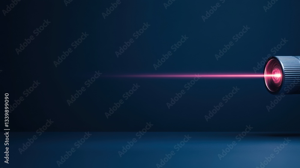 Poster red laser beam projecting into darkness on a smooth surface with blue background and neon glow effec