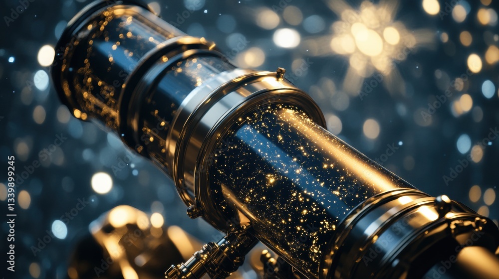 Poster glimmering telescope with stars and bokeh effect captured in an enchanting atmosphere of cosmic wond