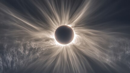Obraz premium Spectacular Solar Eclipse with Radiant Corona and Dramatic Cloud Patterns in a Stunning Atmospheric Display