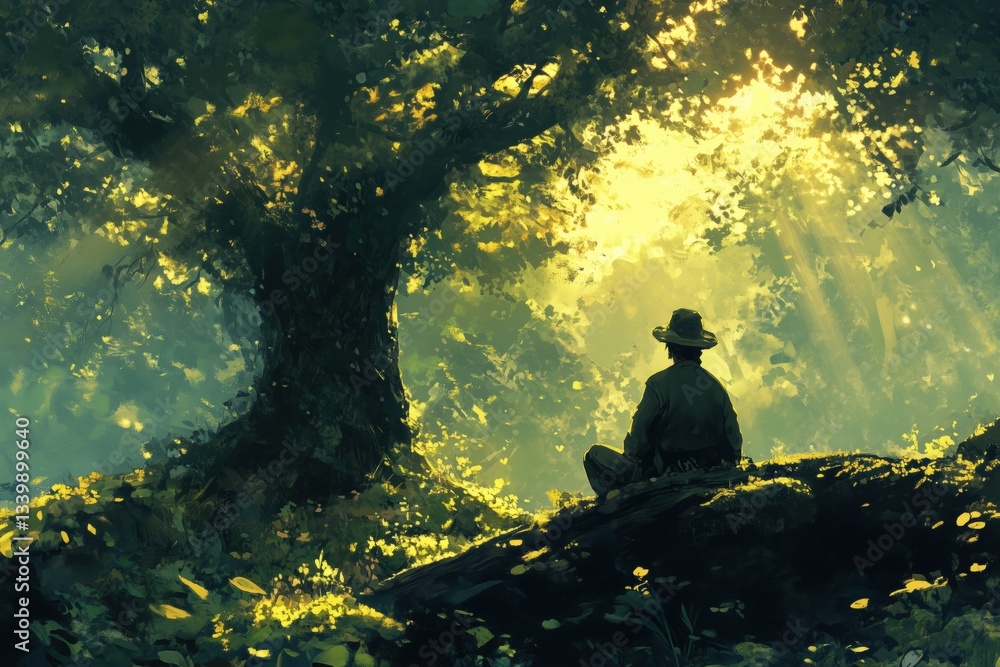 Poster a serene scene depicting a person sitting under a large tree in a lush forest. sunlight filters thro