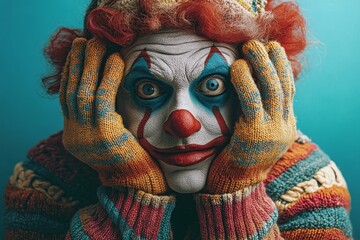 The image features a jovial clown in a portrait, positioned on a blue backdrop, commemorating April Fool's day