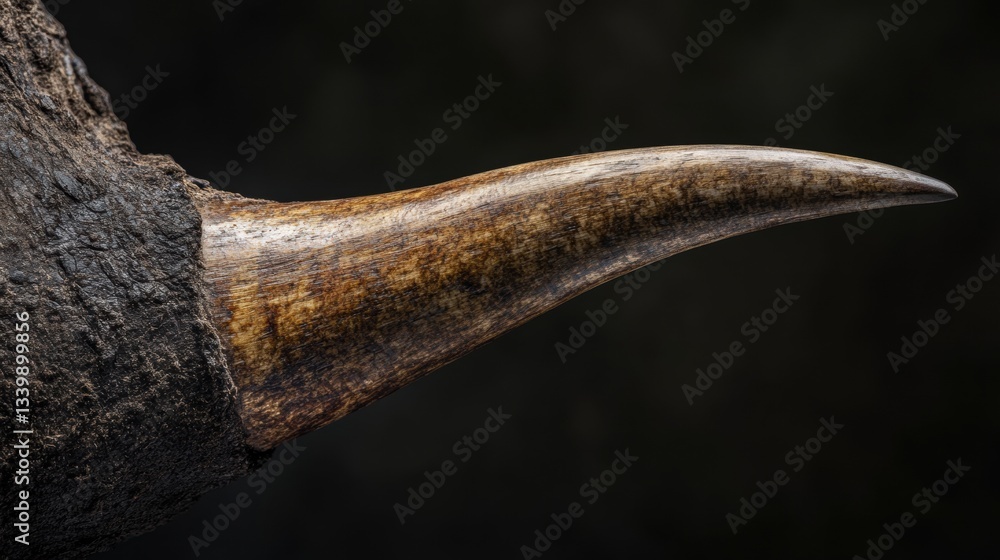 Poster close-up view of a sharp horn emerging from a natural wooden base, capturing unique textures and nat