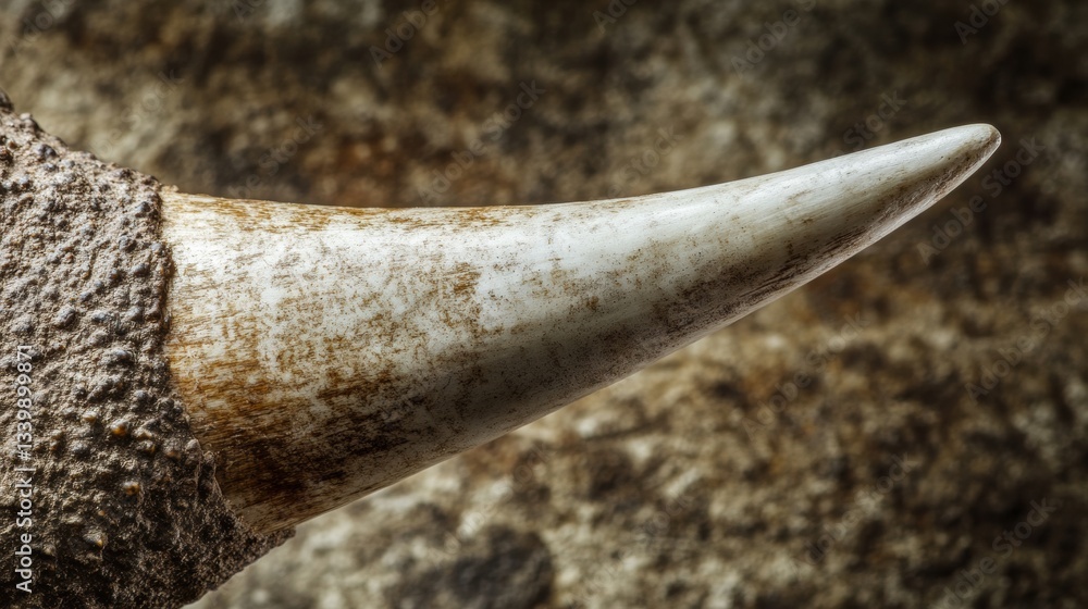 Poster close-up image of a sharp tooth against a natural background highlighting textures and details in fo