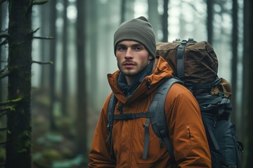 Obraz premium A young forester man in a brown jacket and beanie stands in a misty forest, carrying a large backpack. The atmosphere is serene and mysterious, with tall trees and fog surrounding him.
