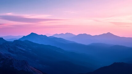 Majestic mountain range under pink and purple sky at sunset, tranquil and serene mood