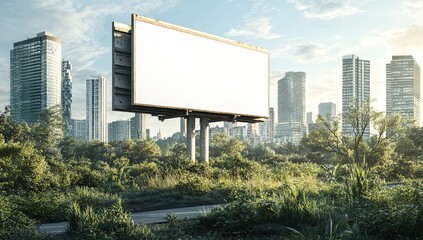 Fototapeta premium Blank Billboard Stands in Overgrown Urban Landscape, Showing City's Reclaimed Nature, Advertising Potential Amidst Nature's Renewal