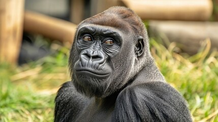 Fototapeta premium Close-Up of a Majestic Gorilla Featuring Intense Expression and Rich Textures in Its Fur in Natural Habitat