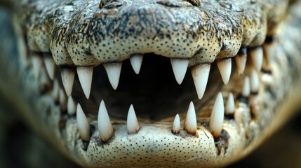Obraz premium Close-up of a Crocodile's Mouth Showing Sharp Teeth and Intricate Skin Texture for Wildlife Photography
