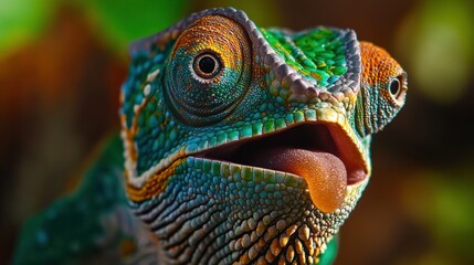 Fototapeta premium Close-Up View of a Colorful Chameleon with Textured Skin and Vibrant Eyes in a Natural Habitat Setting