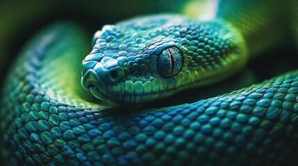 Close-Up of a Vibrant Green and Blue Snake with Detailed Scales and Intense Eyes Captured in Natural Light for Wildlife Photography