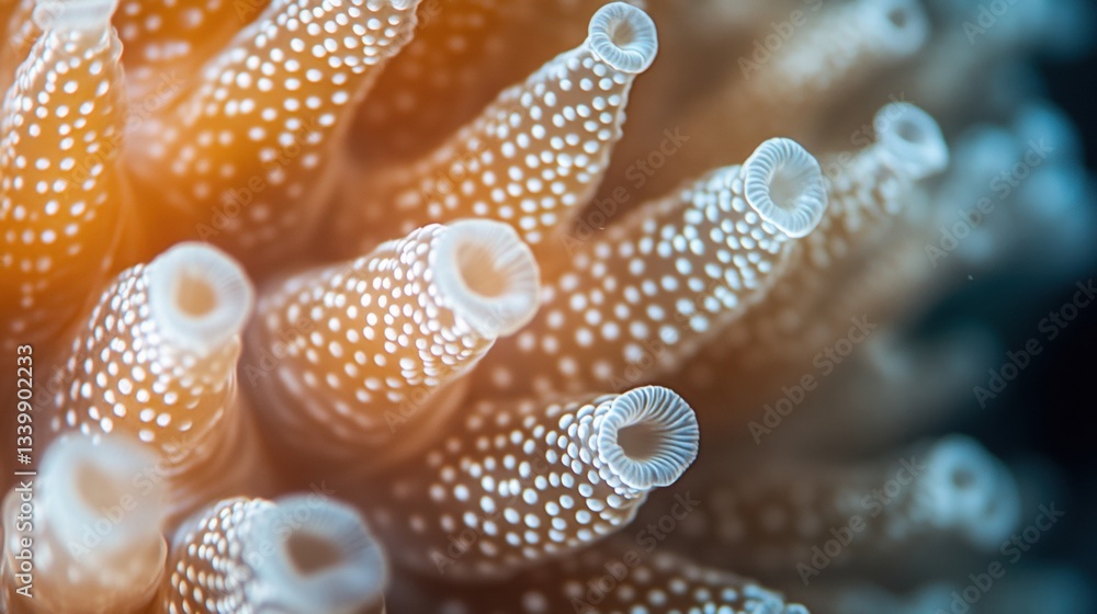 Poster close-up view of coral polyps displaying unique texture and color patterns in an underwater ecosyste