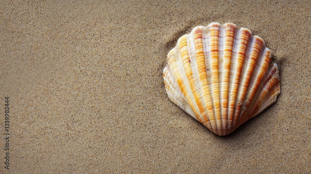 Poster beautifully patterned scallop shell resting on smooth sandy beach with natural textures and soft lig