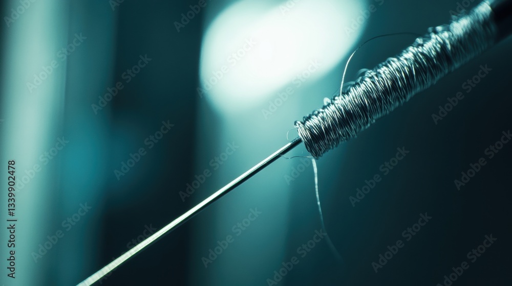 Poster close-up view of metal needle with thread wrapped around it in soft focus background emphasizing tex