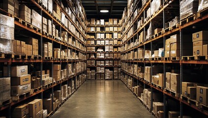 Obraz premium Warehouse Inventory: Rows of Cardboard Boxes Stacked High on Shelves, Efficient Storage Solutions for Logistics