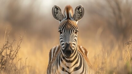 Fototapeta premium Close-Up Portrait of a Majestic Zebra in Natural Habitat with Beautiful Golden Grass Background and Soft Warm Light