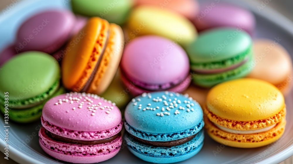 Poster colorful assortment of macarons on a plate displaying variety of flavors and textures in soft focus 