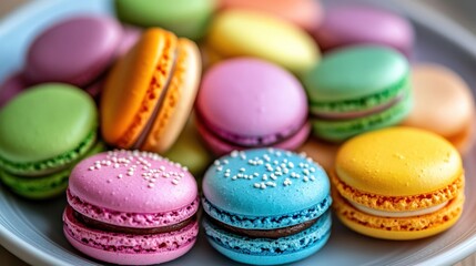 Obraz premium Colorful Assortment of Macarons on a Plate Displaying Variety of Flavors and Textures in Soft Focus Setting for Bakery and Dessert Themes