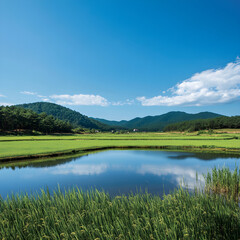 A landscape that features lakes and mountains.