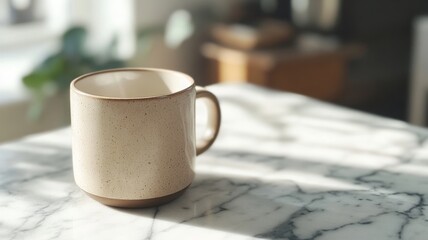 Beige Speckled Ceramic Mug On Marble Surface