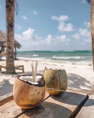 Two drinking coconut with straws on a sandy tropical beach among corral. High quality photo
