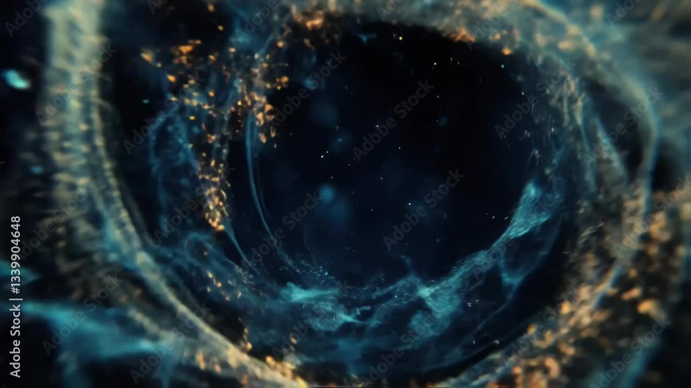 Poster luminescent golden and blue particles swirling dynamically around gravitational center, generating m