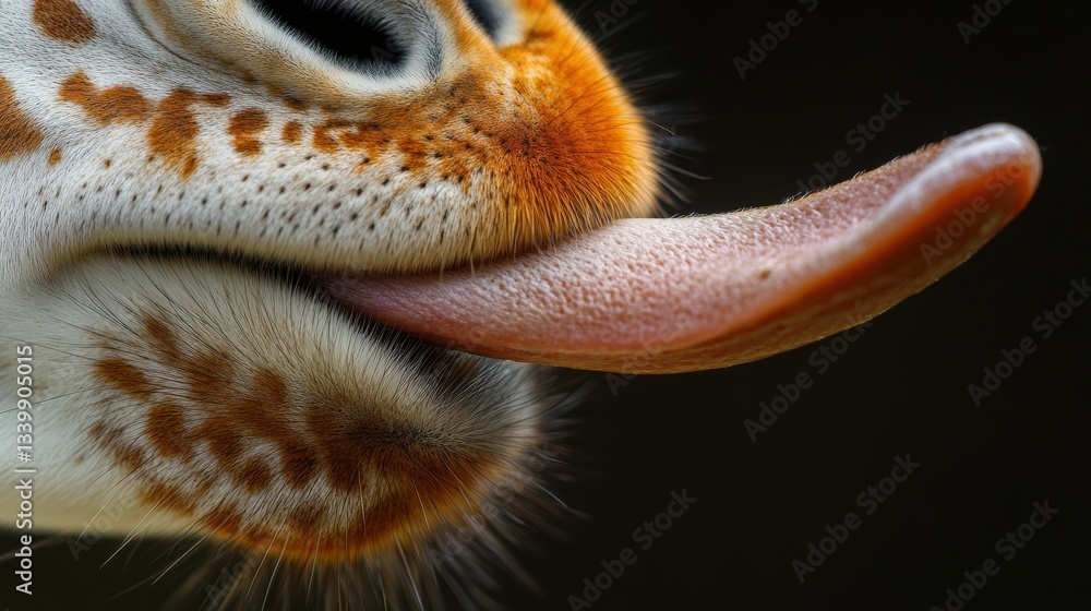 Poster close-up of a felidae's face with a prominent tongue displaying unique patterns and textures in a na