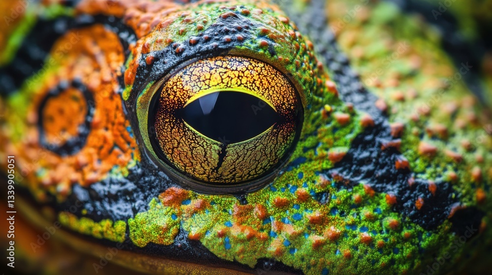 Aufkleber close-up of a colorful frog eye with intricate patterns and vibrant colors in nature setting