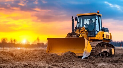 Yellow bulldozer working on a construction site at sunset, with vibrant clouds in the background