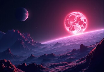 Alien Planet with Two Moons: Crimson and Dark