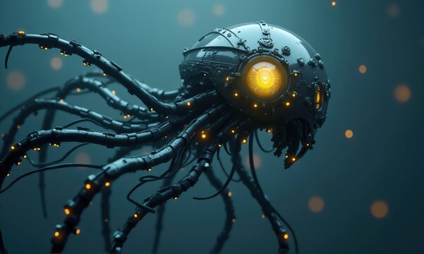 Futuristic robot squid exploring dark depths with glowing eyes